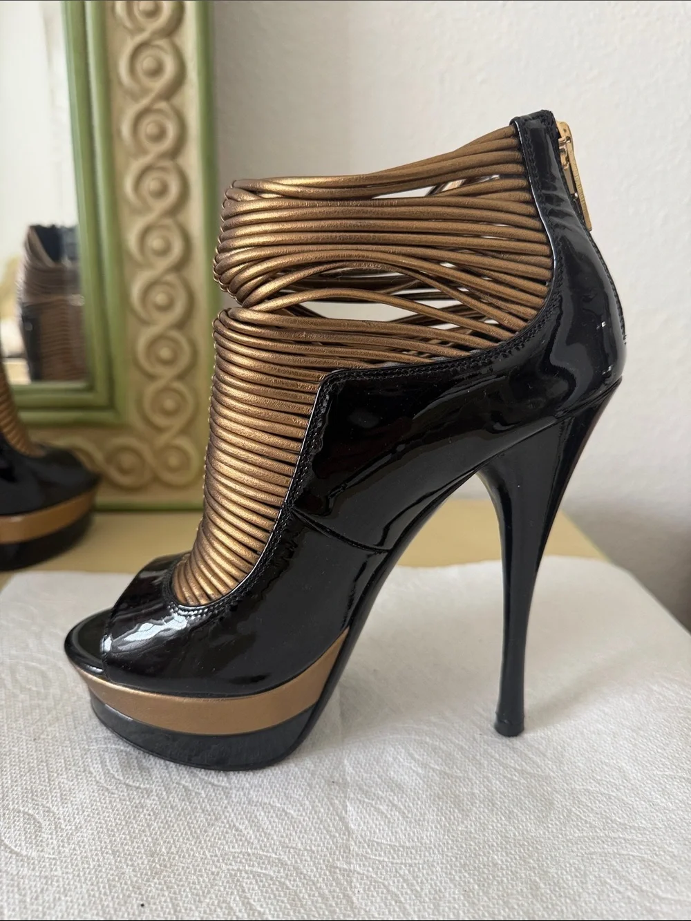 Versace Black Patent and Metallic Gold Wrapped Open-Toe Ankle Booties